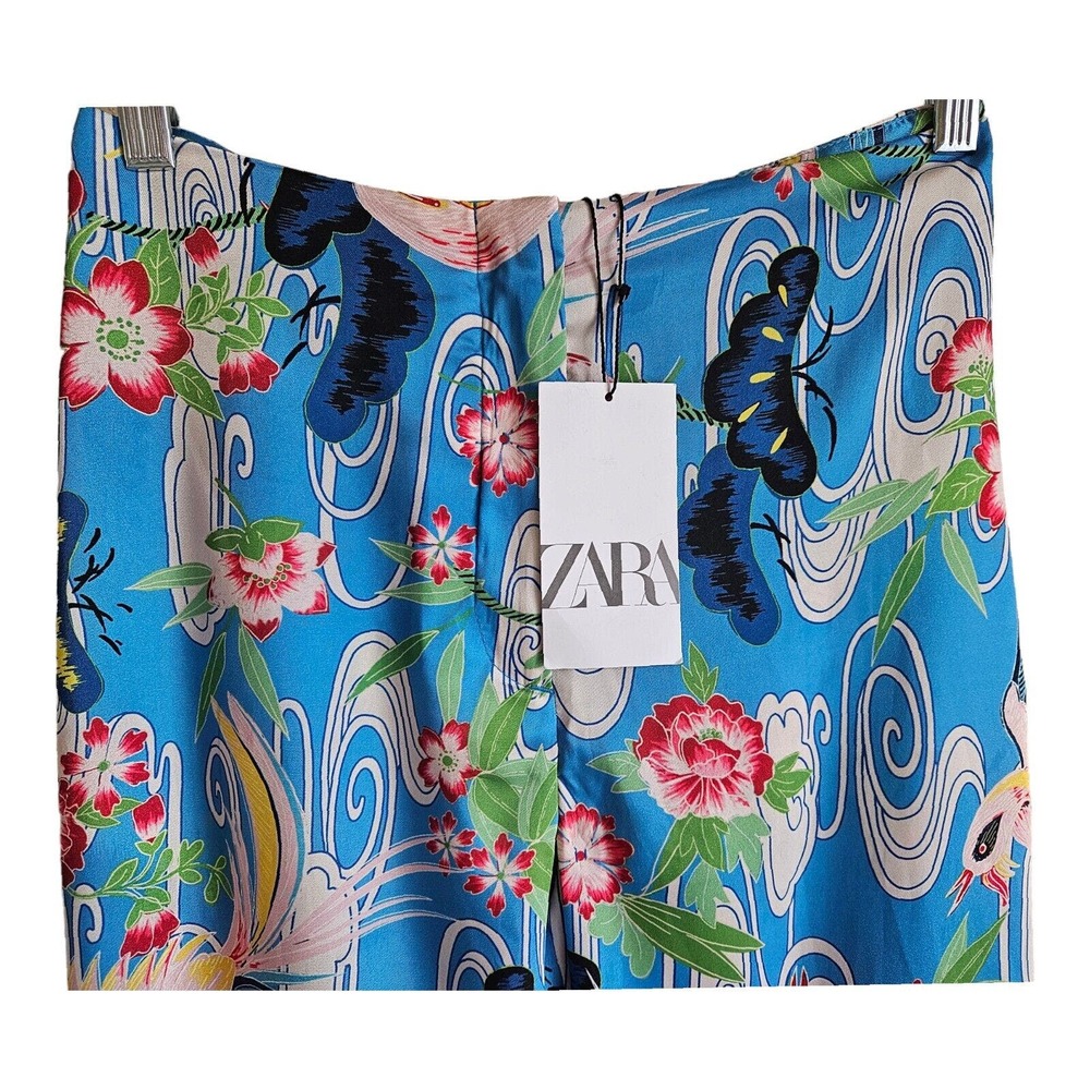 ZARA Women's M Palazzo Pants Satiny Tropical Wide Leg Birds Flowers Waist 26" - Picture 2 of 7
